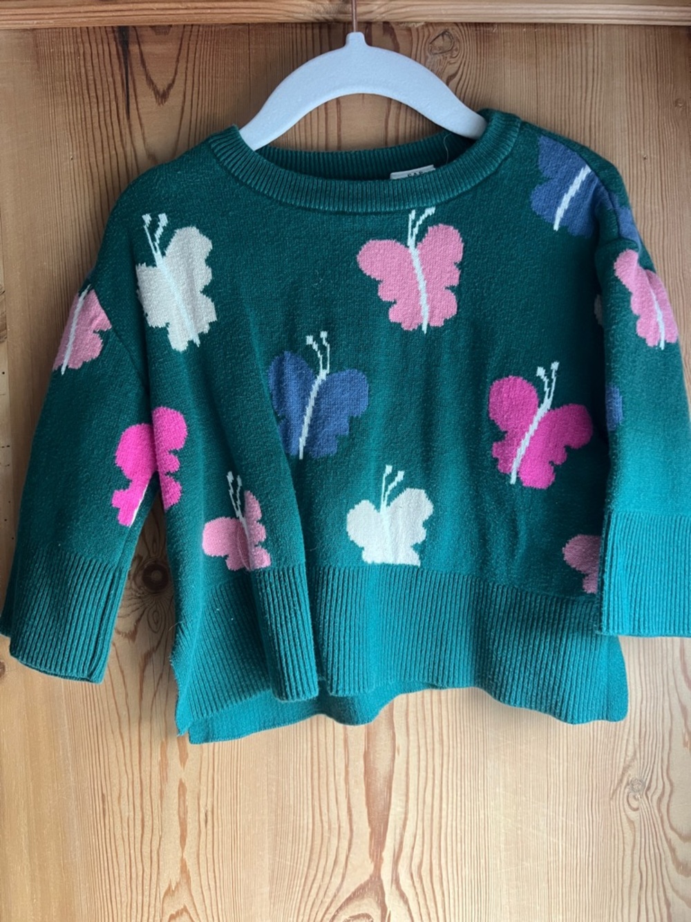 Girls Green Butterfly Knit Sweater - Pink & White Accents